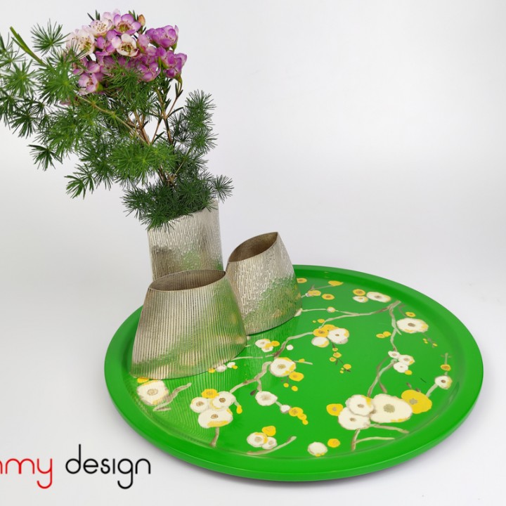 Green round lacquer tray hand-painted with peach blossom 30cm